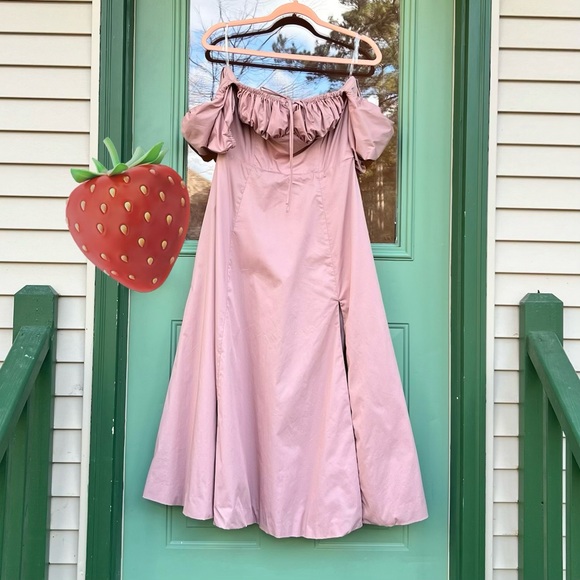 House of CB Tallulah Blush Pink Puff Sleeve Midi Dress Milkmaid Off Shoulder - Picture 3 of 13